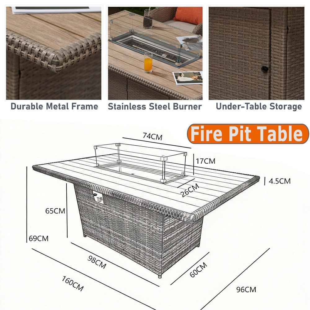 Outdoor 6 Seater Dining Set with Rectangular Fire Pit Table