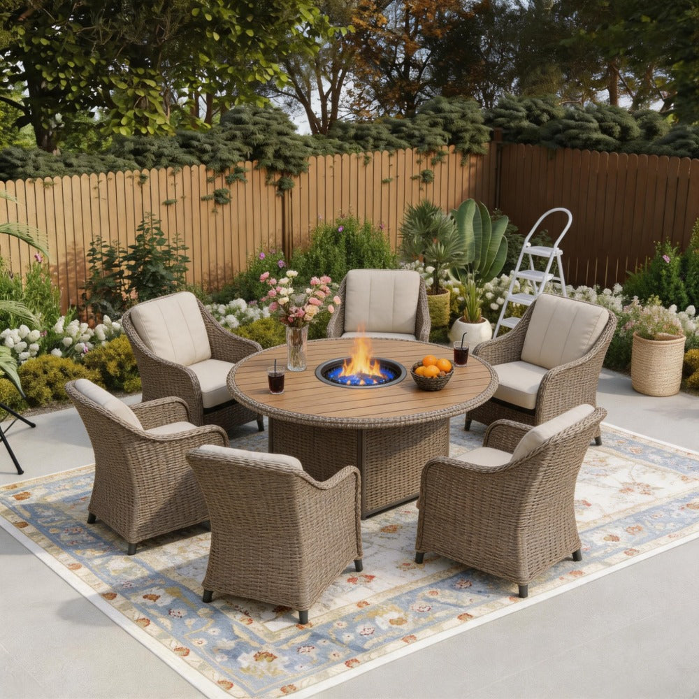 6 Seater Rattan Dining Set with Round Firepit Table