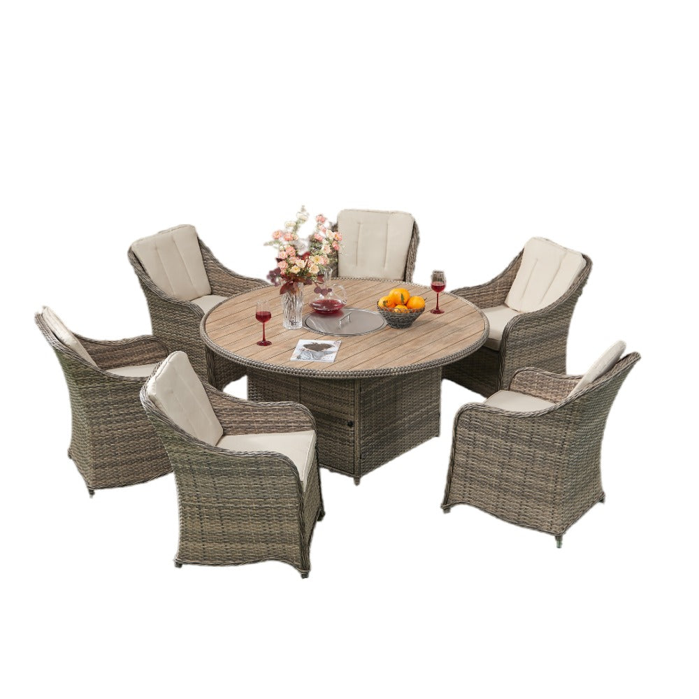 6 Seater Rattan Dining Set with Round Firepit Table