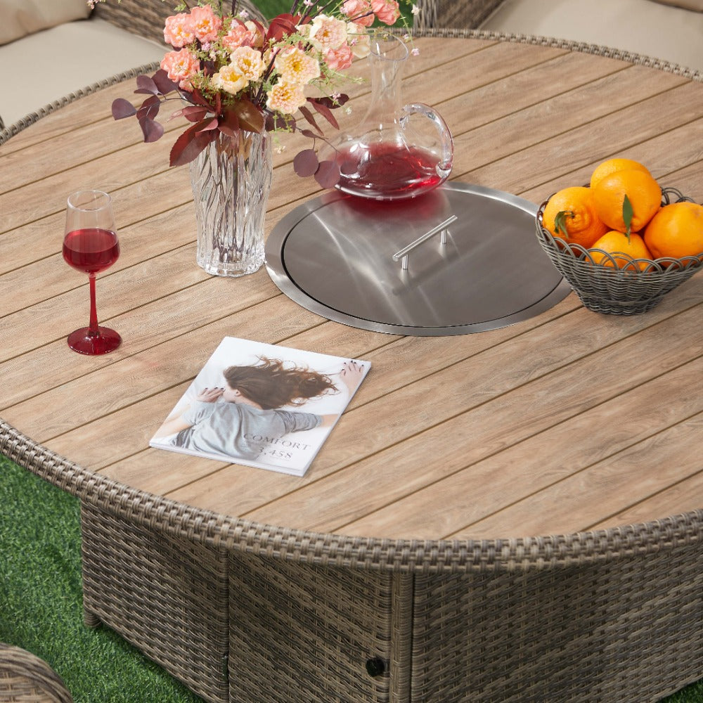 6 Seater Rattan Dining Set with Round Firepit Table
