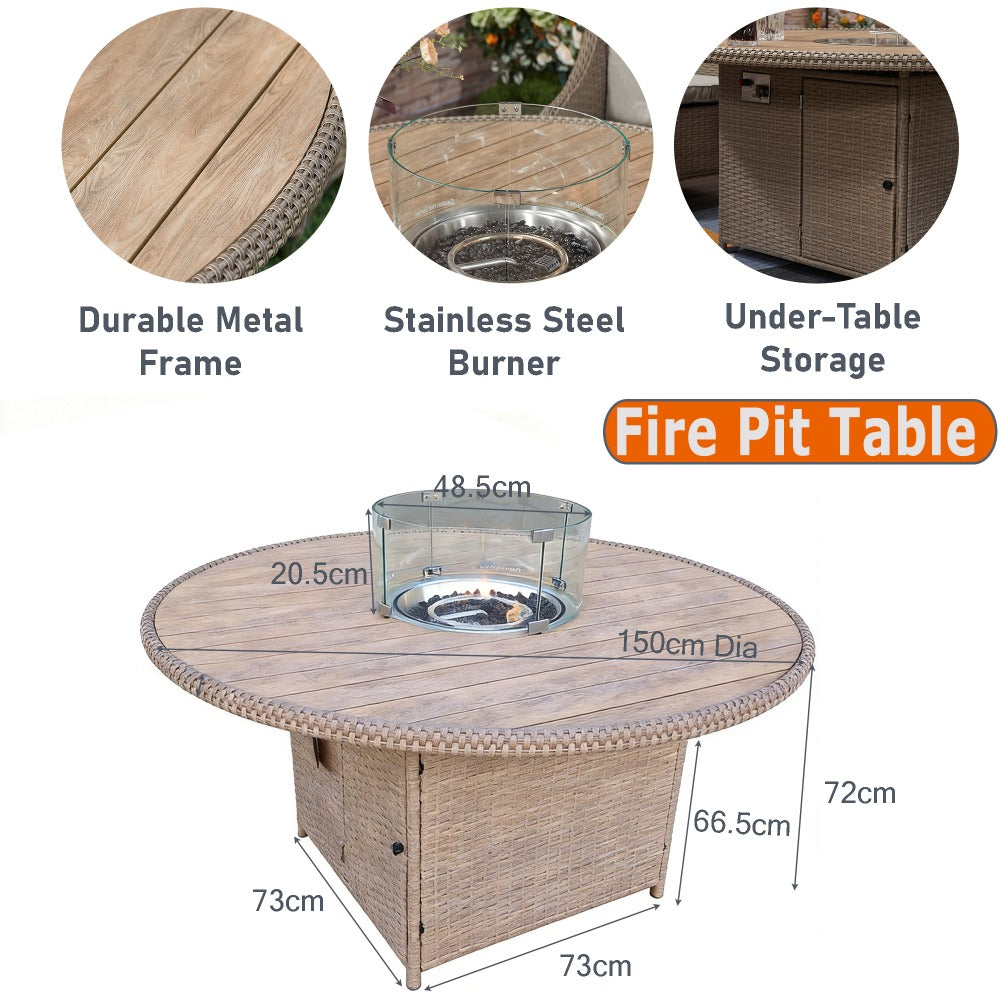 6 Seater Rattan Dining Set with Round Firepit Table