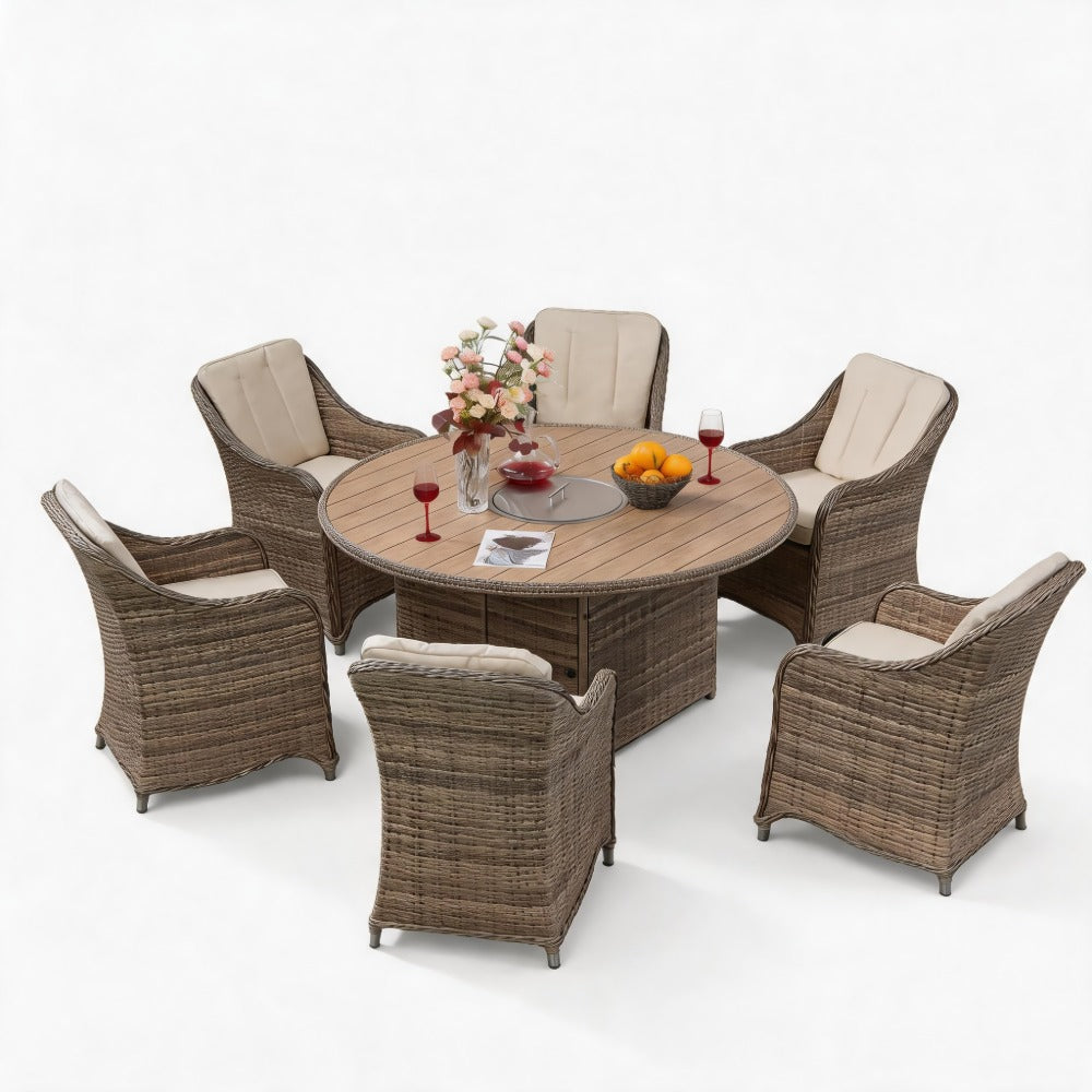 6 Seater Rattan Dining Set with Round Firepit Table