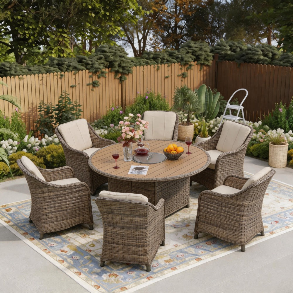 6 Seater Rattan Dining Set with Round Firepit Table
