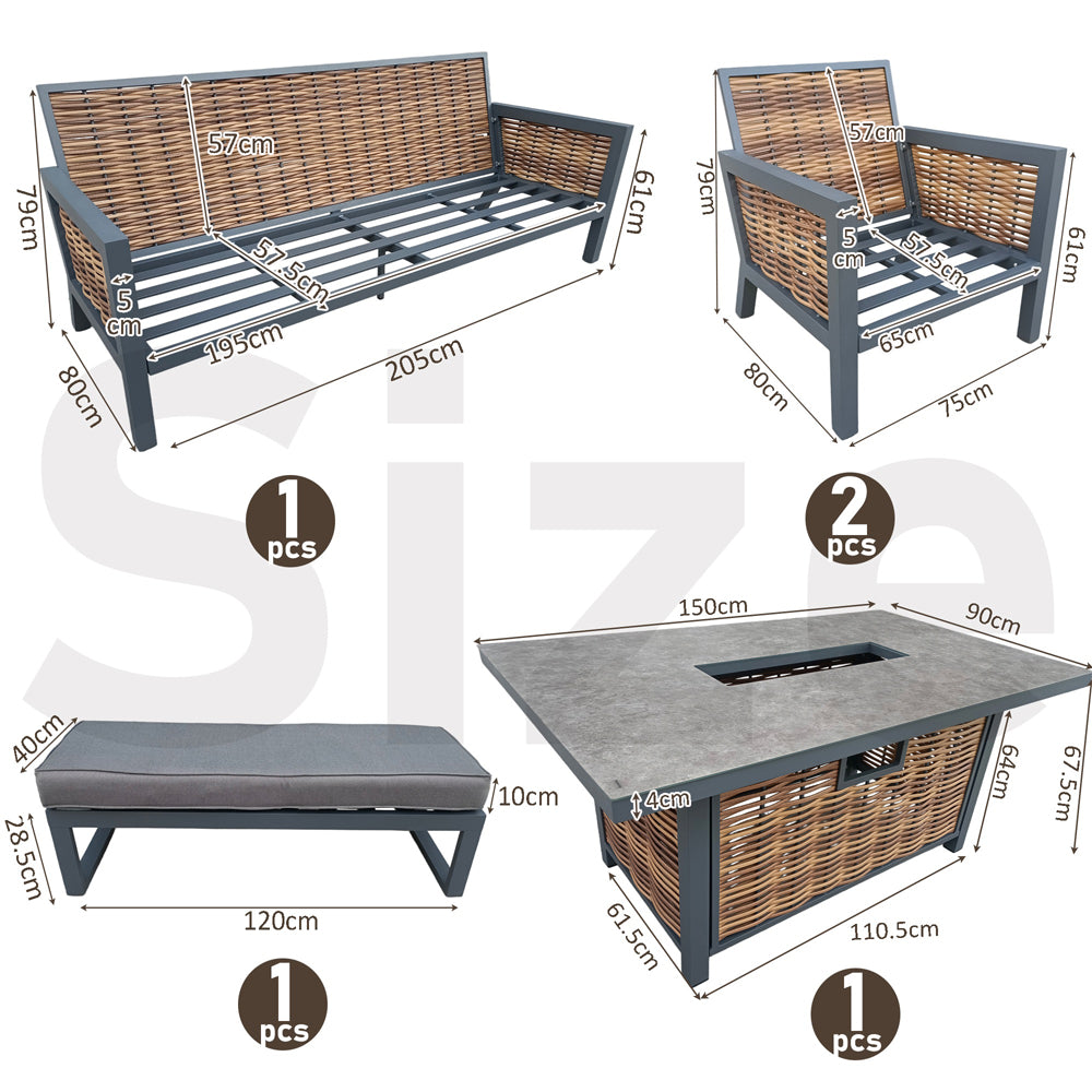 Berlin 7‑Seater Aluminium Outdoor Garden Sofa Set with Fire Pit Table and Bench