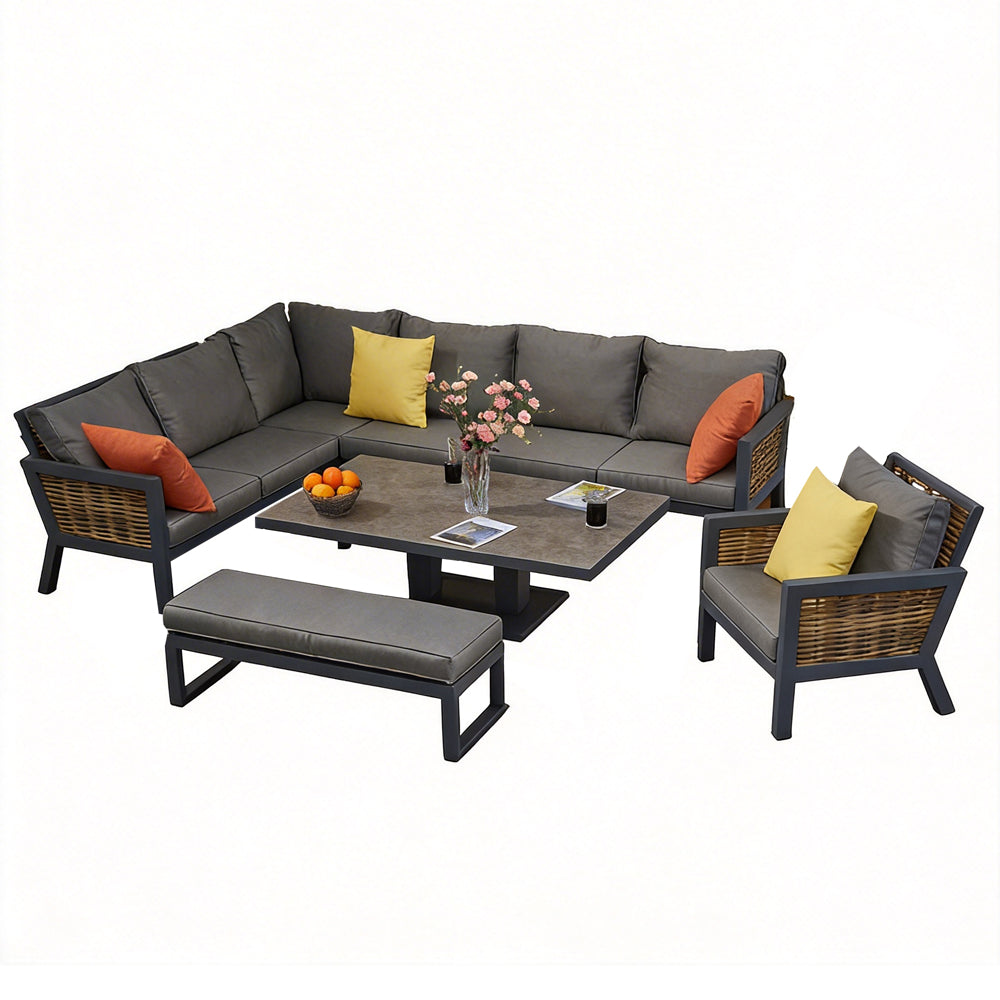 Berlin 9 Seater Aluminium Outdoor Garden Sofa Set with Lifting Table and Bench