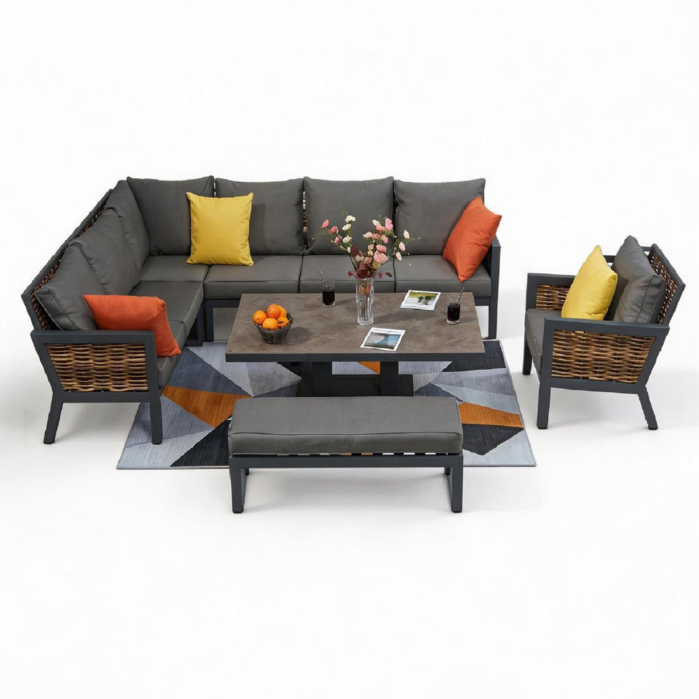 Berlin 9 Seater Aluminium Outdoor Garden Sofa Set with Lifting Table and Bench