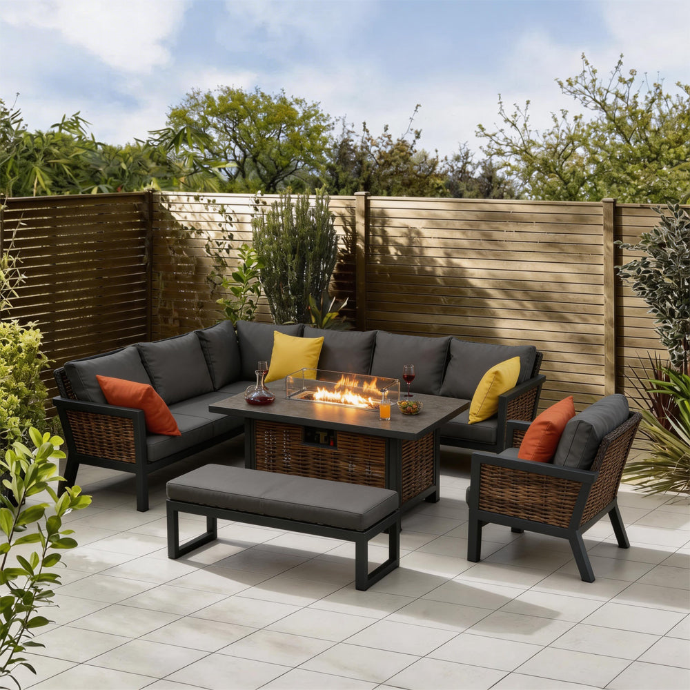 Berlin 9 Seater Aluminium Outdoor Corner Sofa Set with Fire Pit Table and Bench