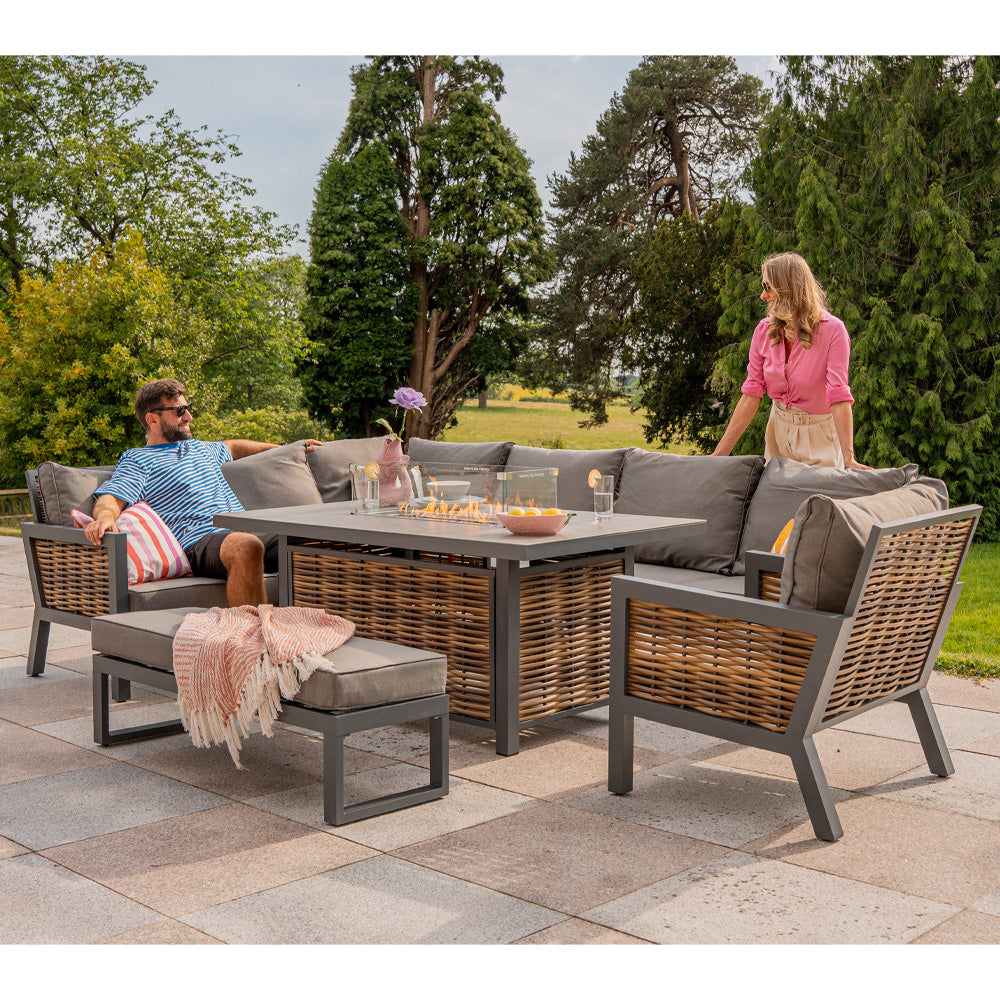 Berlin 9 Seater Aluminium Outdoor Corner Sofa Set with Fire Pit Table and Bench