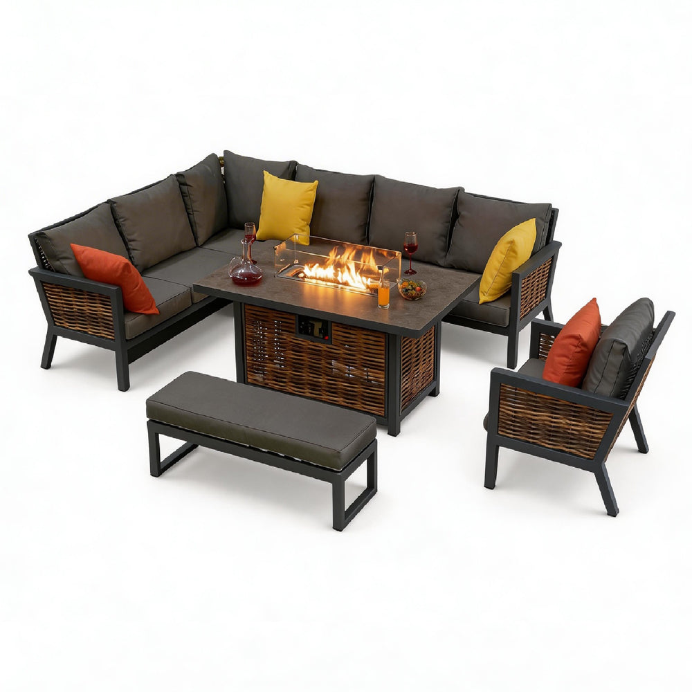Berlin 9 Seater Aluminium Outdoor Corner Sofa Set with Fire Pit Table and Bench