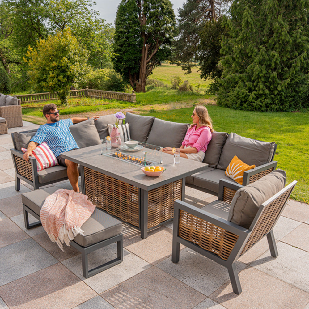 Berlin 9 Seater Aluminium Outdoor Corner Sofa Set with Fire Pit Table and Bench