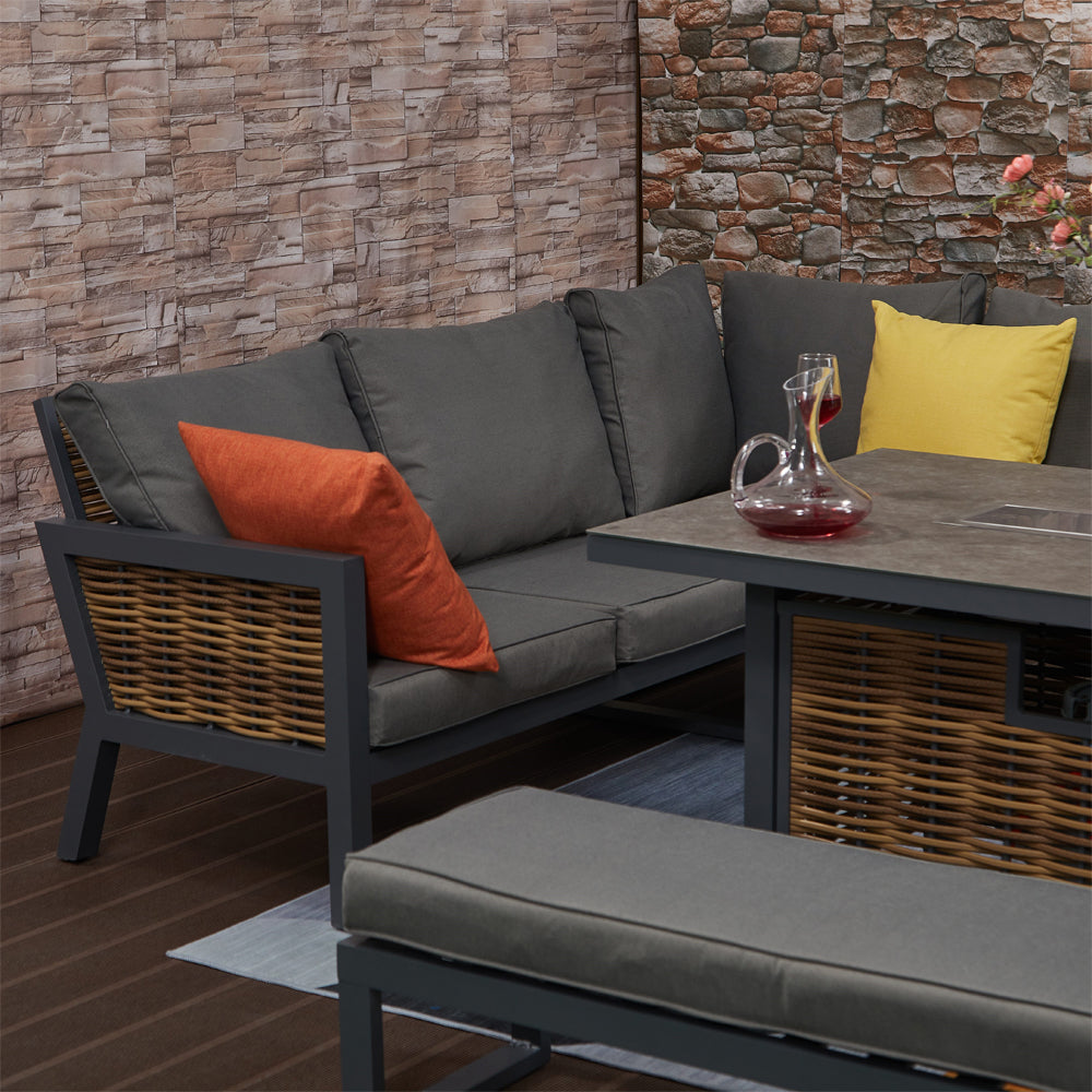 Berlin 9 Seater Aluminium Outdoor Corner Sofa Set with Fire Pit Table and Bench