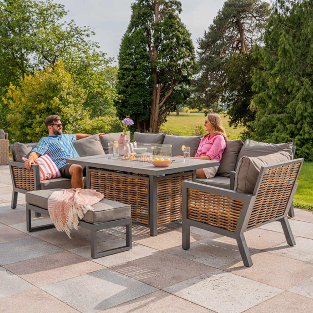 Berlin 7‑Seater Aluminium Outdoor Corner Sofa Set with Fire Pit Table and Bench