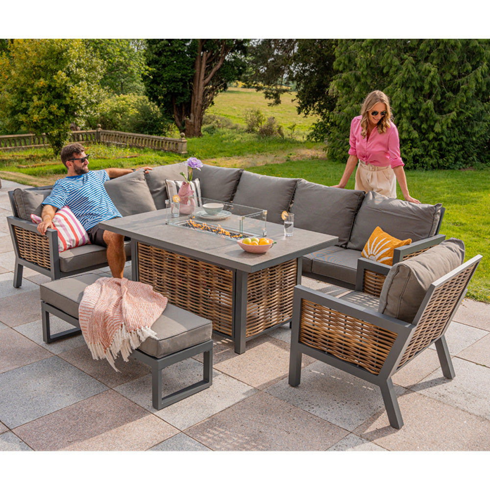 Berlin 9 Seater Aluminium Outdoor Corner Sofa Set with Fire Pit Table and Bench