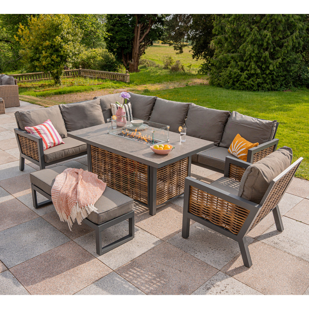 Berlin 7‑Seater Aluminium Outdoor Corner Sofa Set with Fire Pit Table and Bench