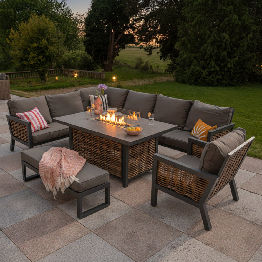 Berlin 9 Seater Aluminium Outdoor Corner Sofa Set with Fire Pit Table and Bench