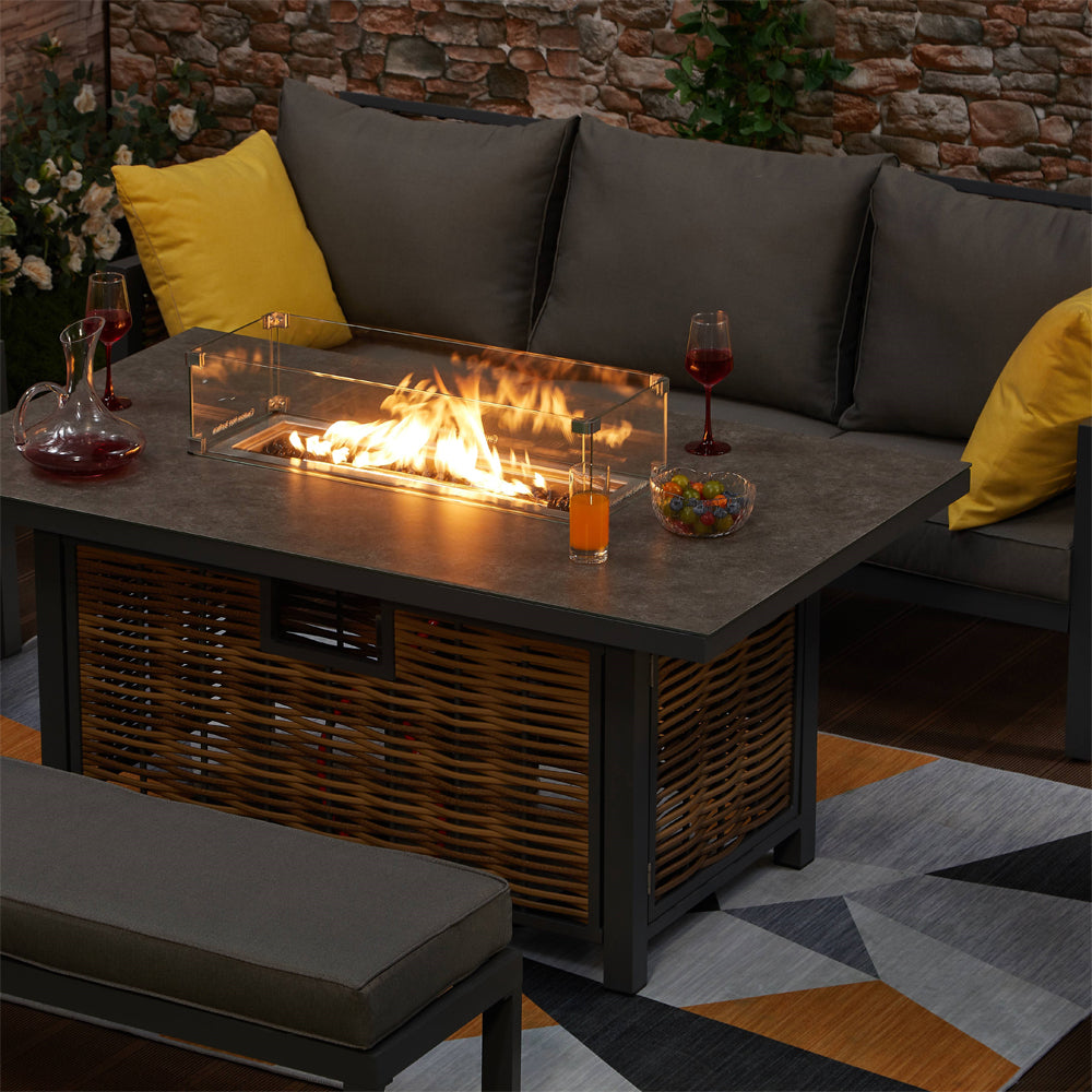 Berlin 9 Seater Aluminium Outdoor Corner Sofa Set with Fire Pit Table and Bench