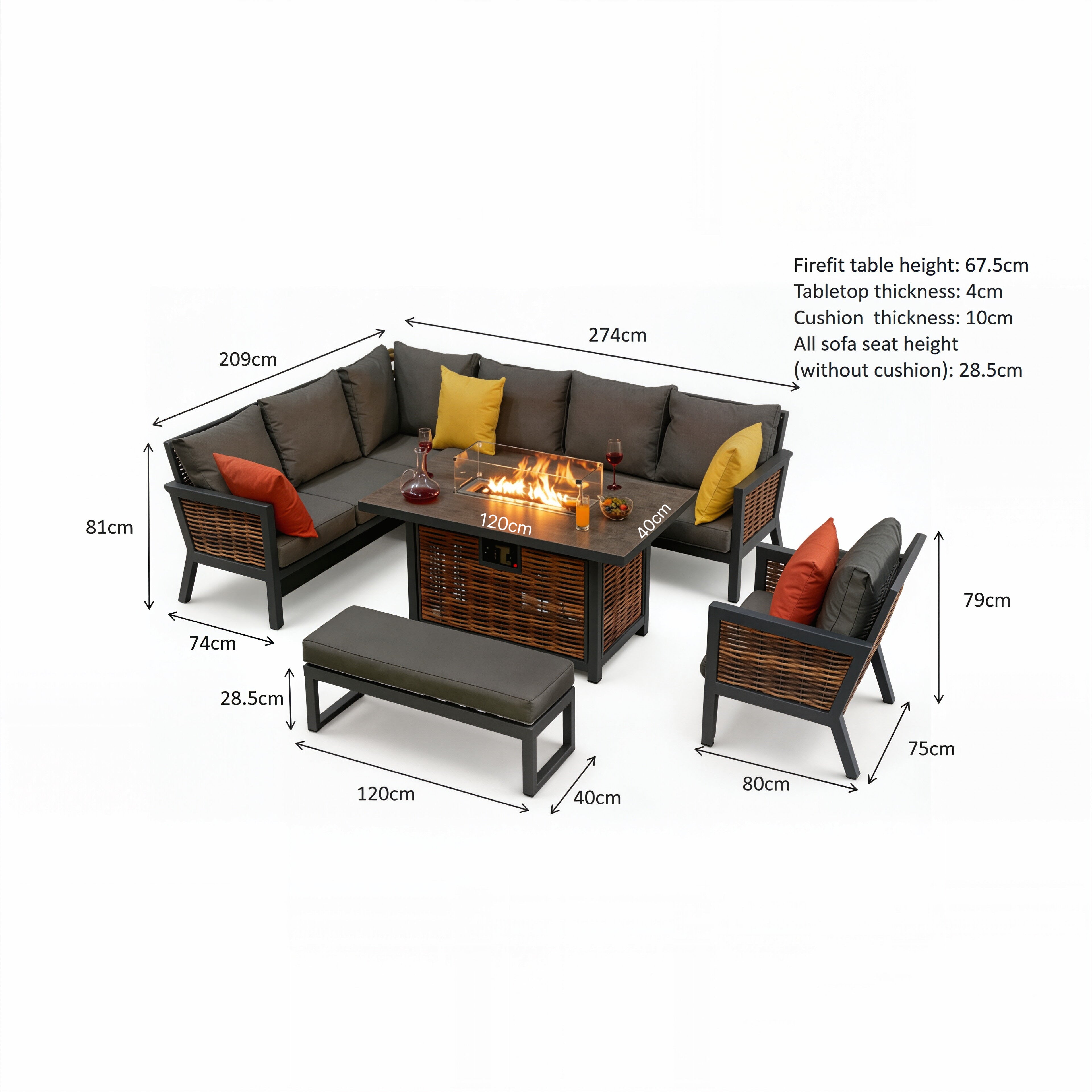 Berlin 9 Seater Aluminium Outdoor Corner Sofa Set with Fire Pit Table and Bench