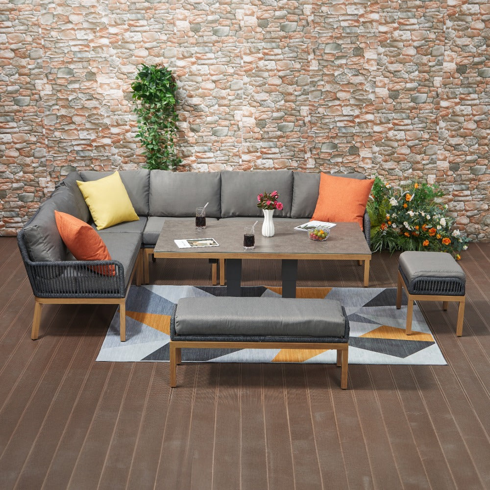 Berlin Aluminum Rope Outdoor 10-Seater Corner Sofa Set with Lifting Table