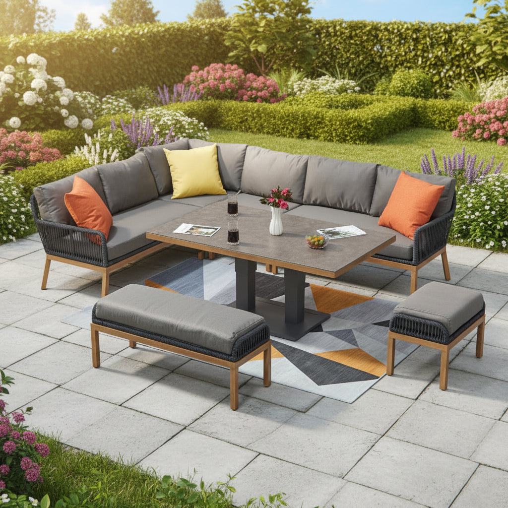 Berlin Aluminum Rope Outdoor 10-Seater Corner Sofa Set with Lifting Table