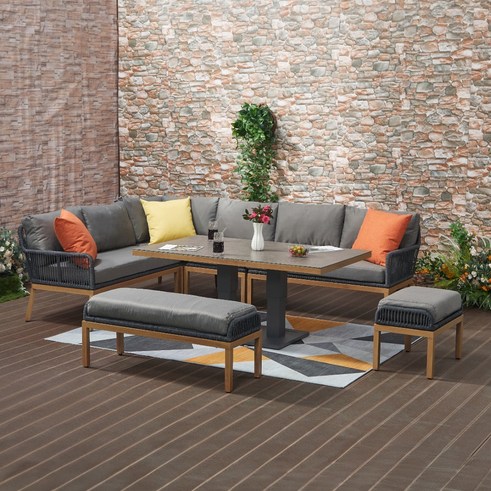 Berlin Aluminum Rope Outdoor 10-Seater Corner Sofa Set with Lifting Table