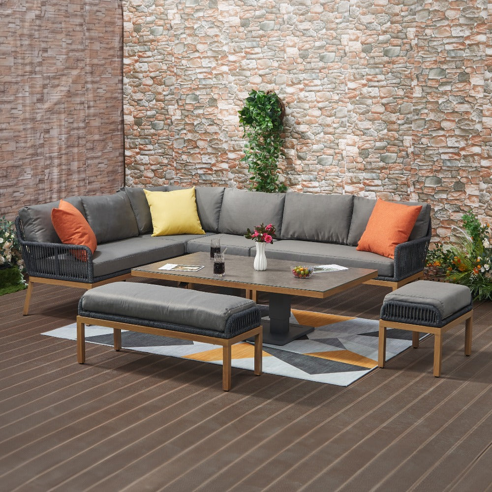 Berlin Aluminum Rope Outdoor 10-Seater Corner Sofa Set with Lifting Table
