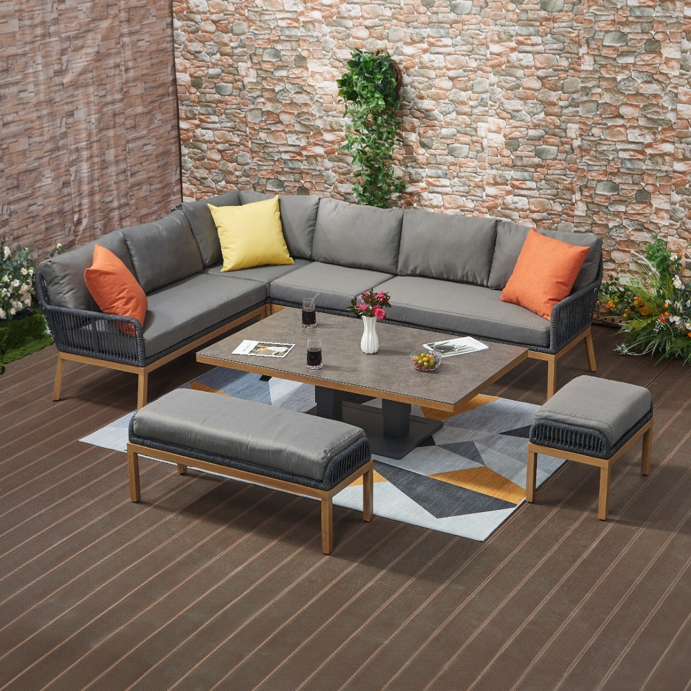 Berlin Aluminum Rope Outdoor 10-Seater Corner Sofa Set with Lifting Table