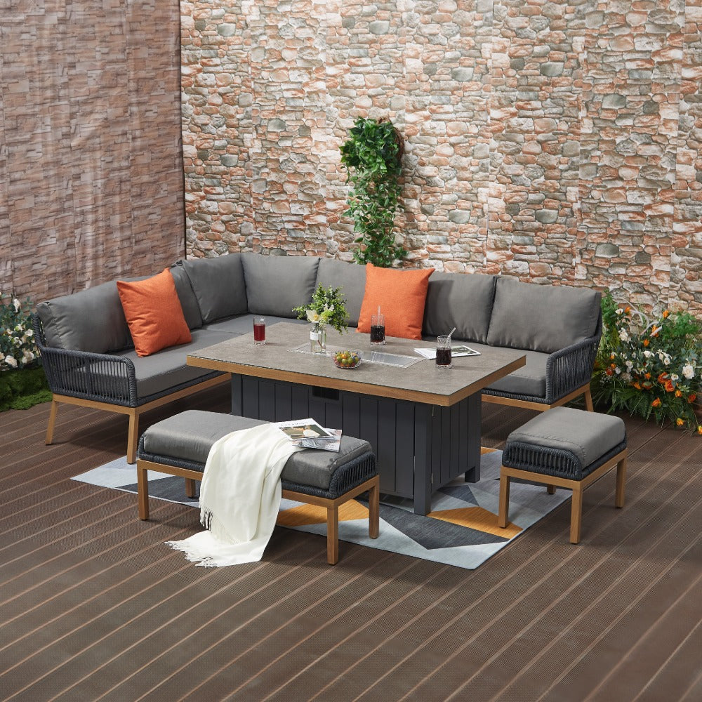 Berlin Outdoor aluminum & Rope 10-Seater Corner Sofa Set with Firepit Table