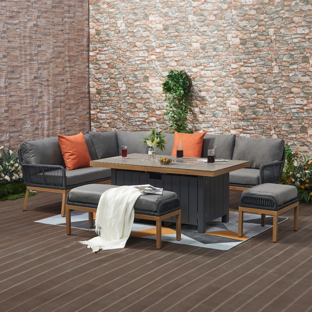 Berlin Outdoor aluminum & Rope 10-Seater Corner Sofa Set with Firepit Table