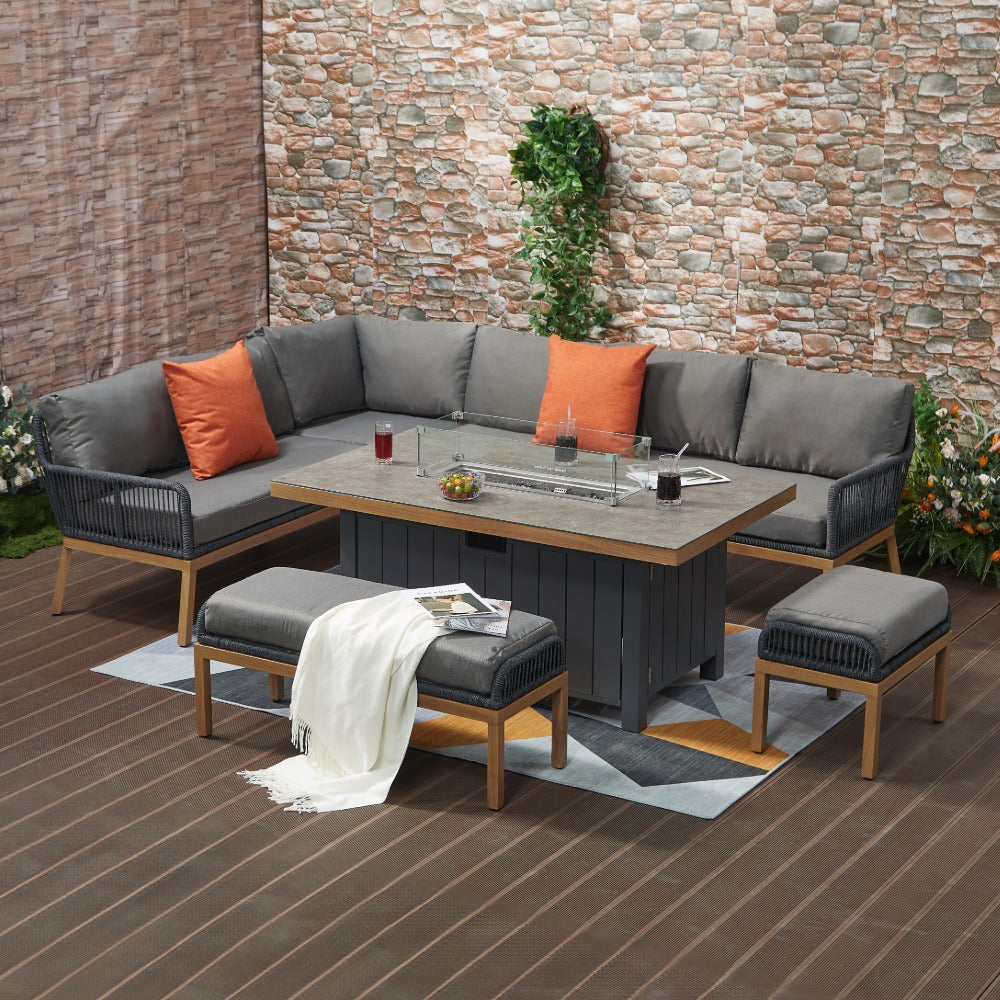 Berlin Outdoor aluminum & Rope 10-Seater Corner Sofa Set with Firepit Table