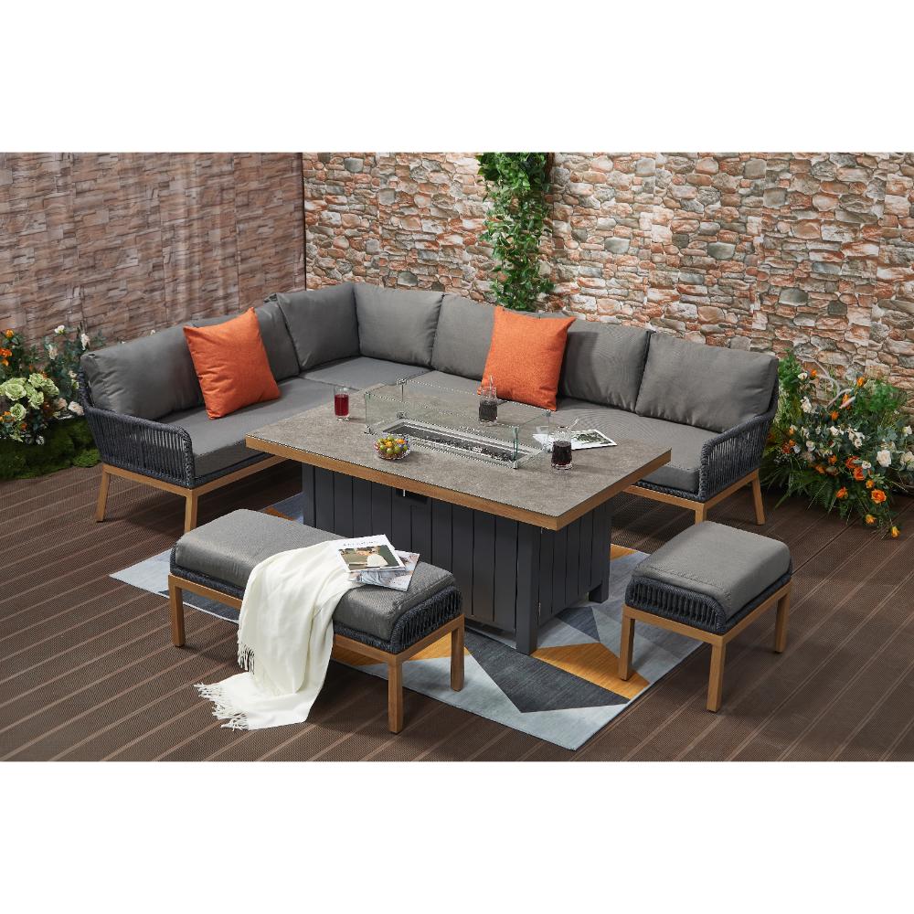 Berlin Outdoor aluminum & Rope 10-Seater Corner Sofa Set with Firepit Table
