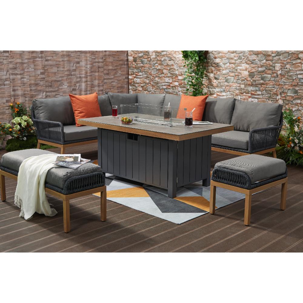 Berlin Outdoor aluminum & Rope 10-Seater Corner Sofa Set with Firepit Table