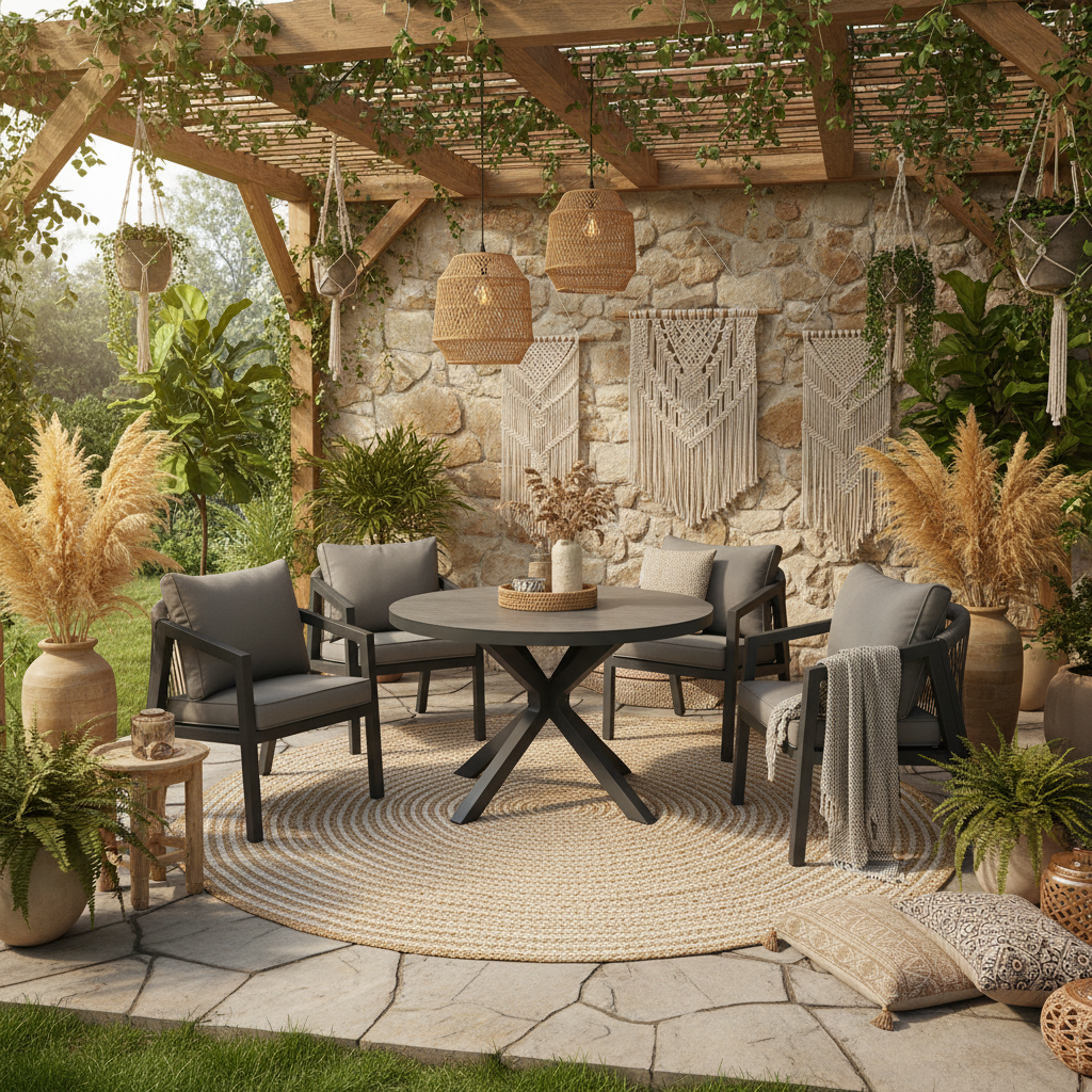 4 Seater Rope Garden Furniture Dining Set with Round Table