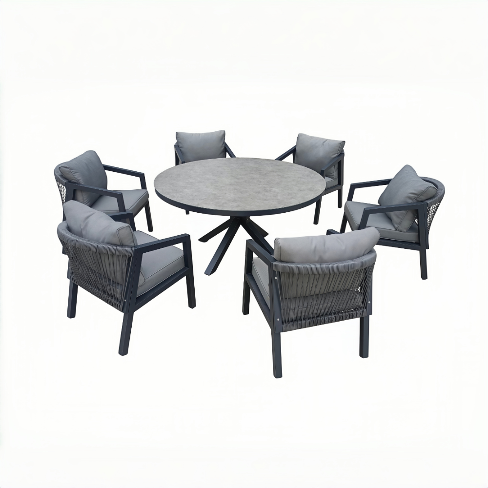 6 Seater Rope Garden Furniture Dining Set with Round Table