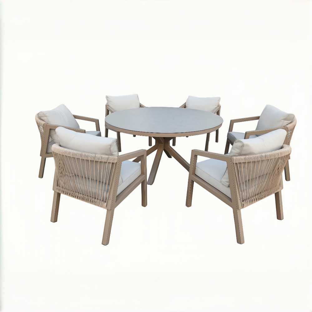 6 Seater Rope Garden Furniture Dining Set with Round Table
