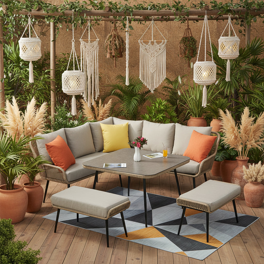 Lisbon 9 Seater Rope Corner Sofa Dining Set with Bench and Table