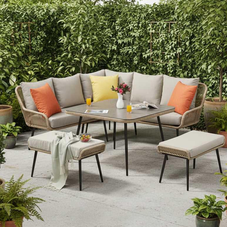 Malta 9 Seater Rope Garden Corner Sofa Dining Set with Bench and Table