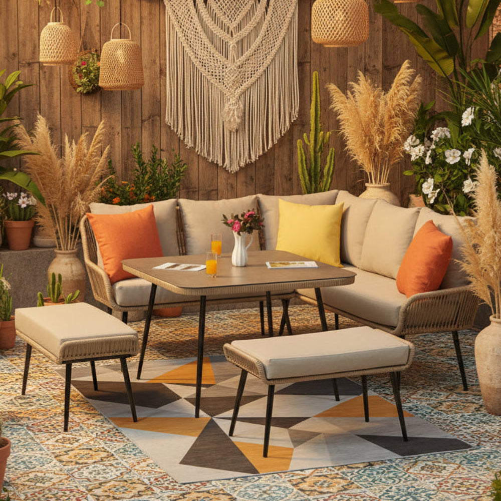 Malta X large 9 Seater Rope Garden Corner Sofa Dining Set with Bench and Table