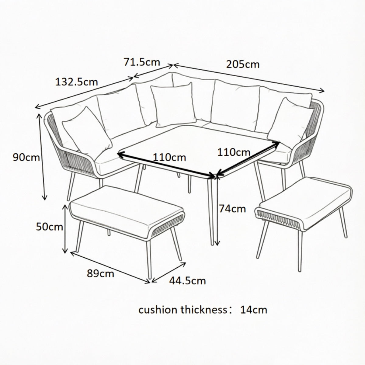 Malta X large 9 Seater Rope Garden Corner Sofa Dining Set with Bench and Table