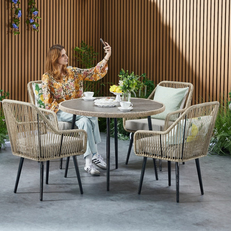 Lisbon 4 Seater Rope Garden Dining Set with Round Table