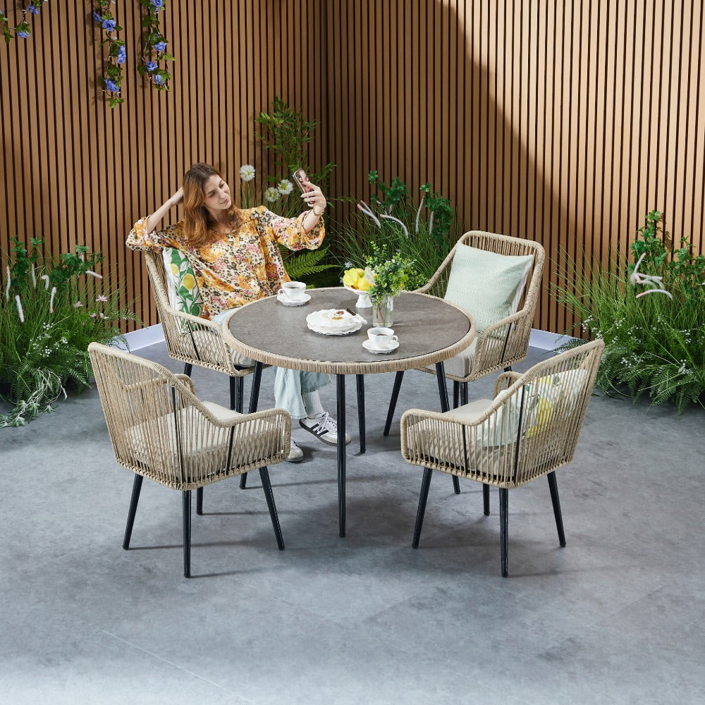Lisbon 4 Seater Rope Garden Dining Set with Round Table