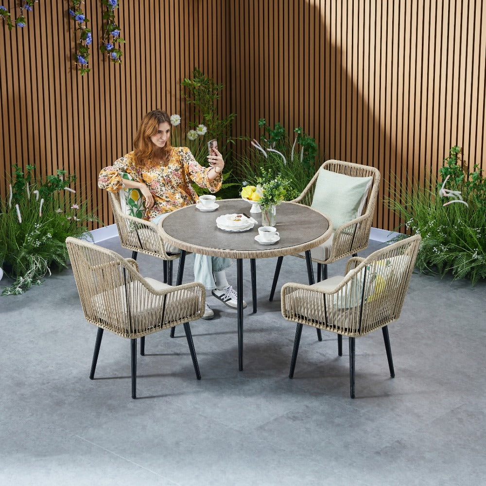 Lisbon 4 Seater Rope Garden Dining Set with Round Table