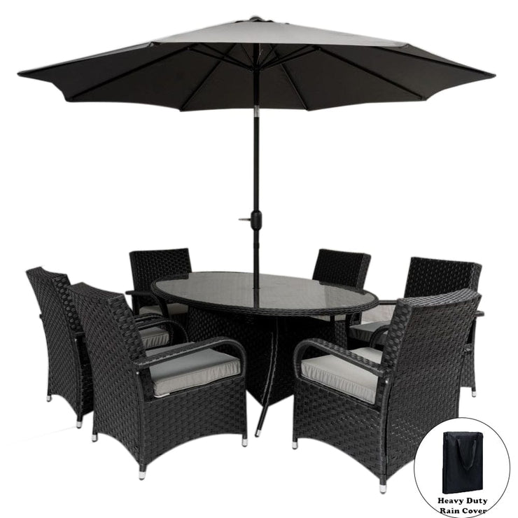 Aura 6 Seater Armchair Oval Rattan Garden Furniture Dining Set With Parasol Option