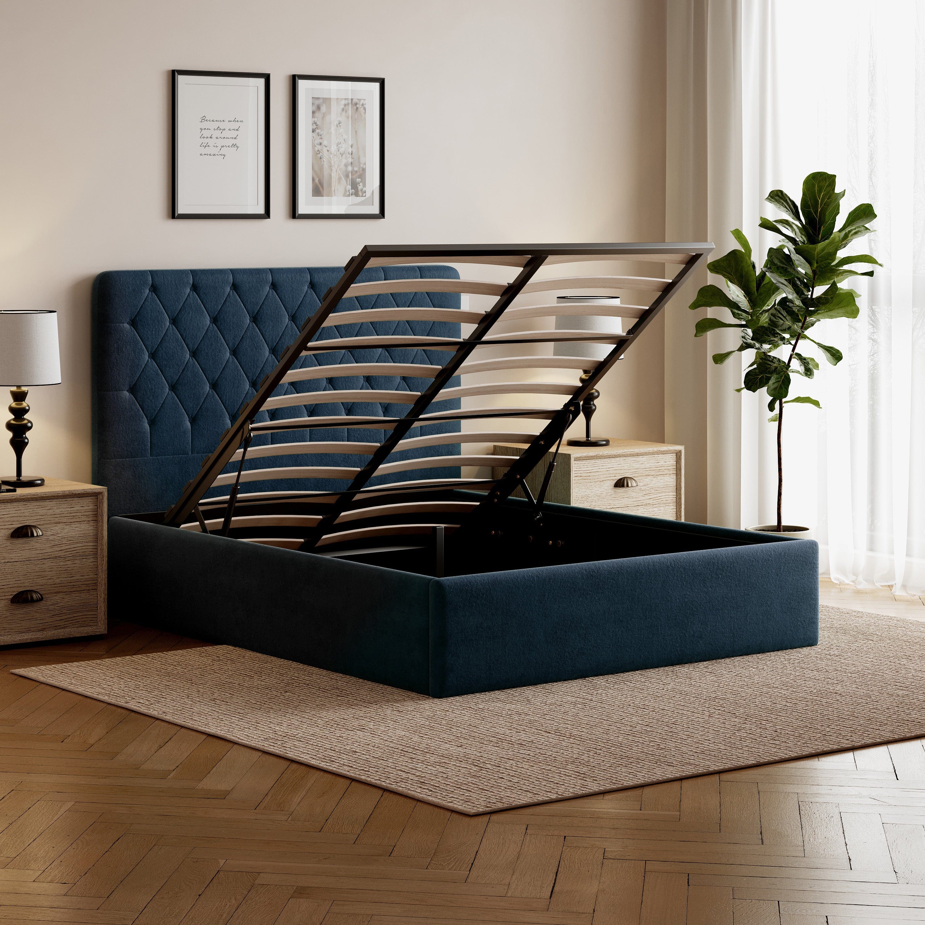 Pneumatic Velvet Bed ttoman Storage Bed Double / King Bed Lift Up Storage Bed Frame with Tufted Headboard