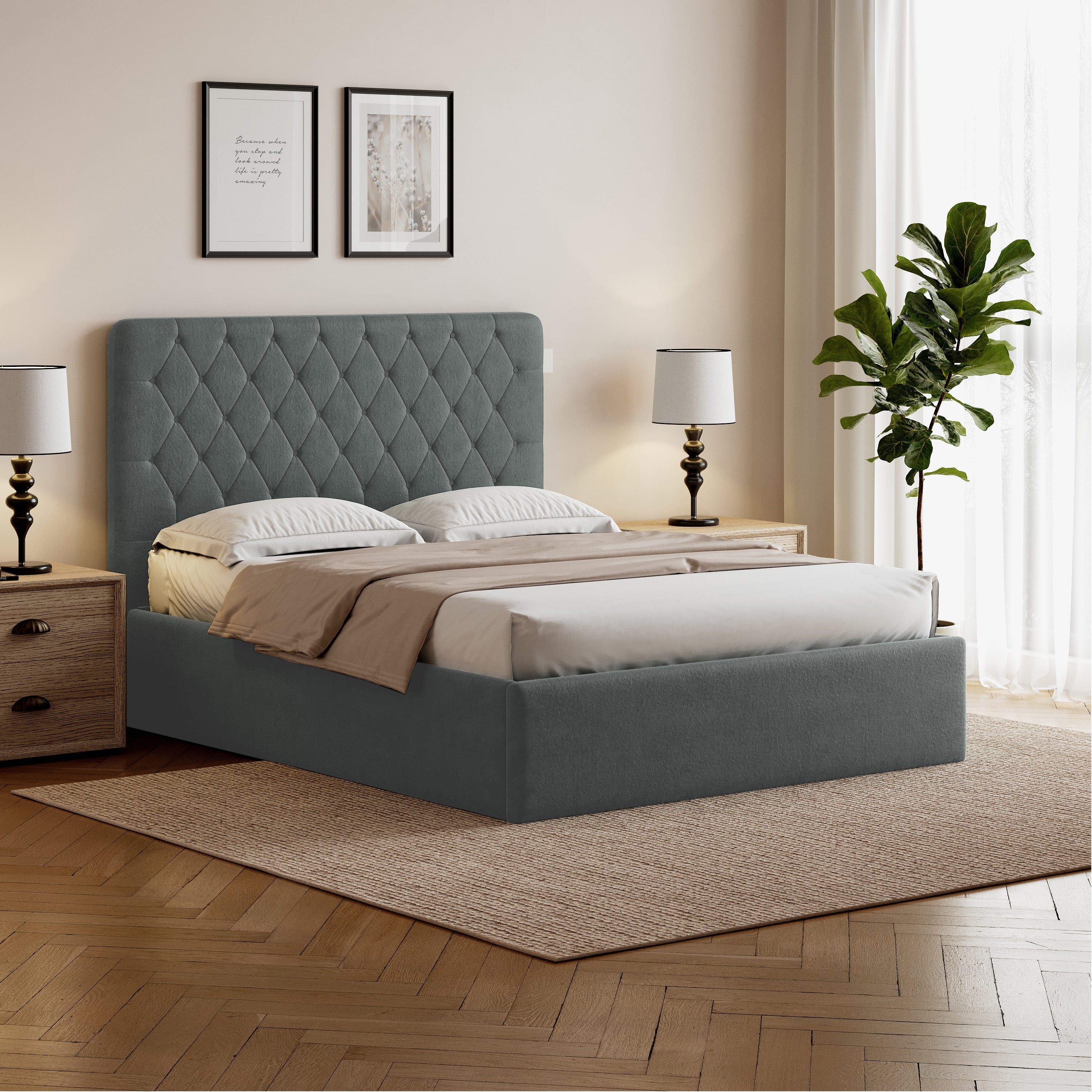 Pneumatic Velvet Bed ttoman Storage Bed Double / King Bed Lift Up Storage Bed Frame with Tufted Headboard