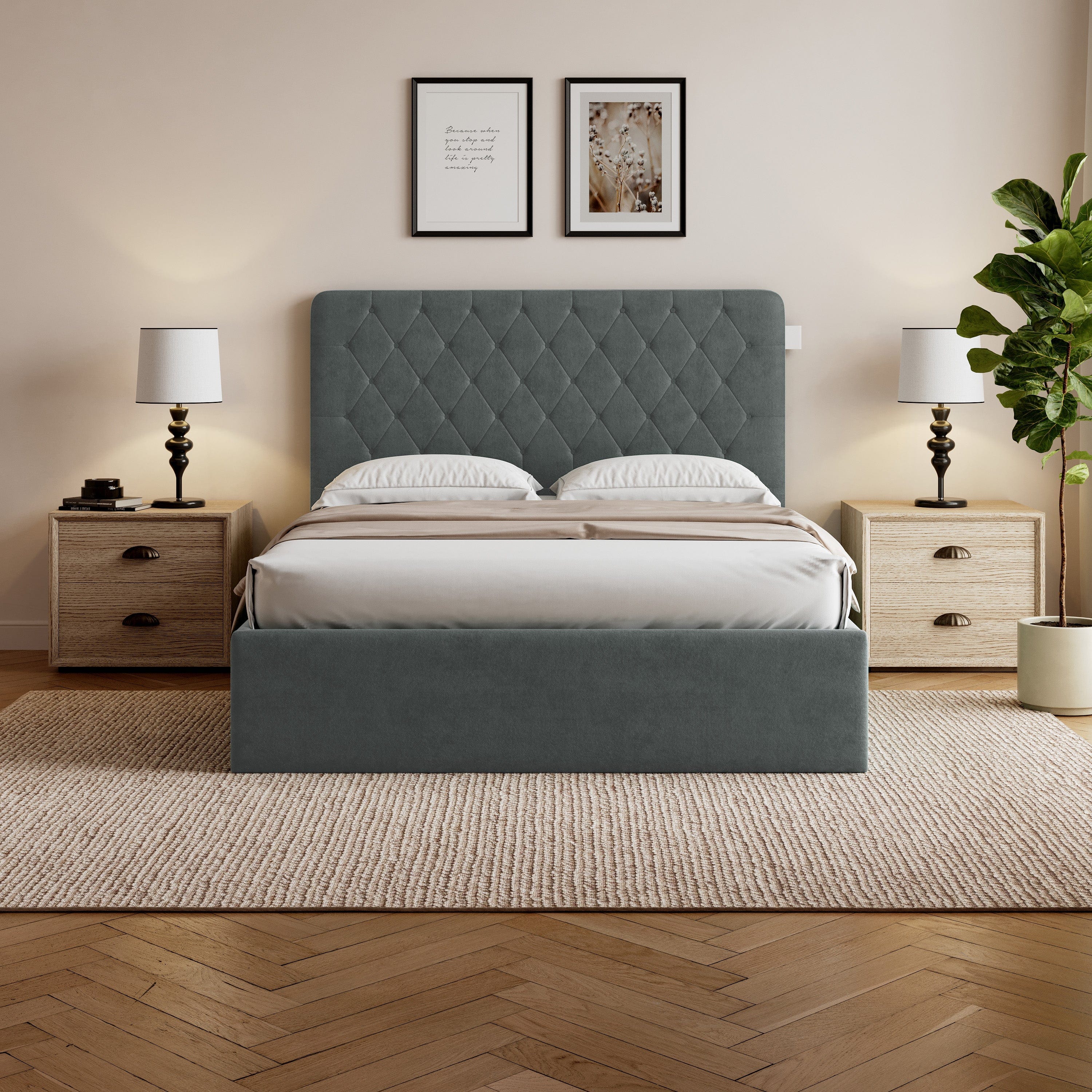 Pneumatic Velvet Bed ttoman Storage Bed Double / King Bed Lift Up Storage Bed Frame with Tufted Headboard