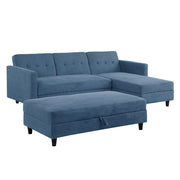 Avery Reversible Blue Corduroy Corner Sofa With Storage Chaise and Ottoman Bench