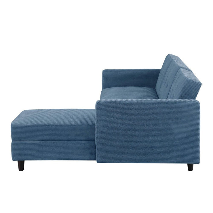 Avery Reversible Blue Corduroy Corner Sofa With Storage Chaise and Ottoman Bench