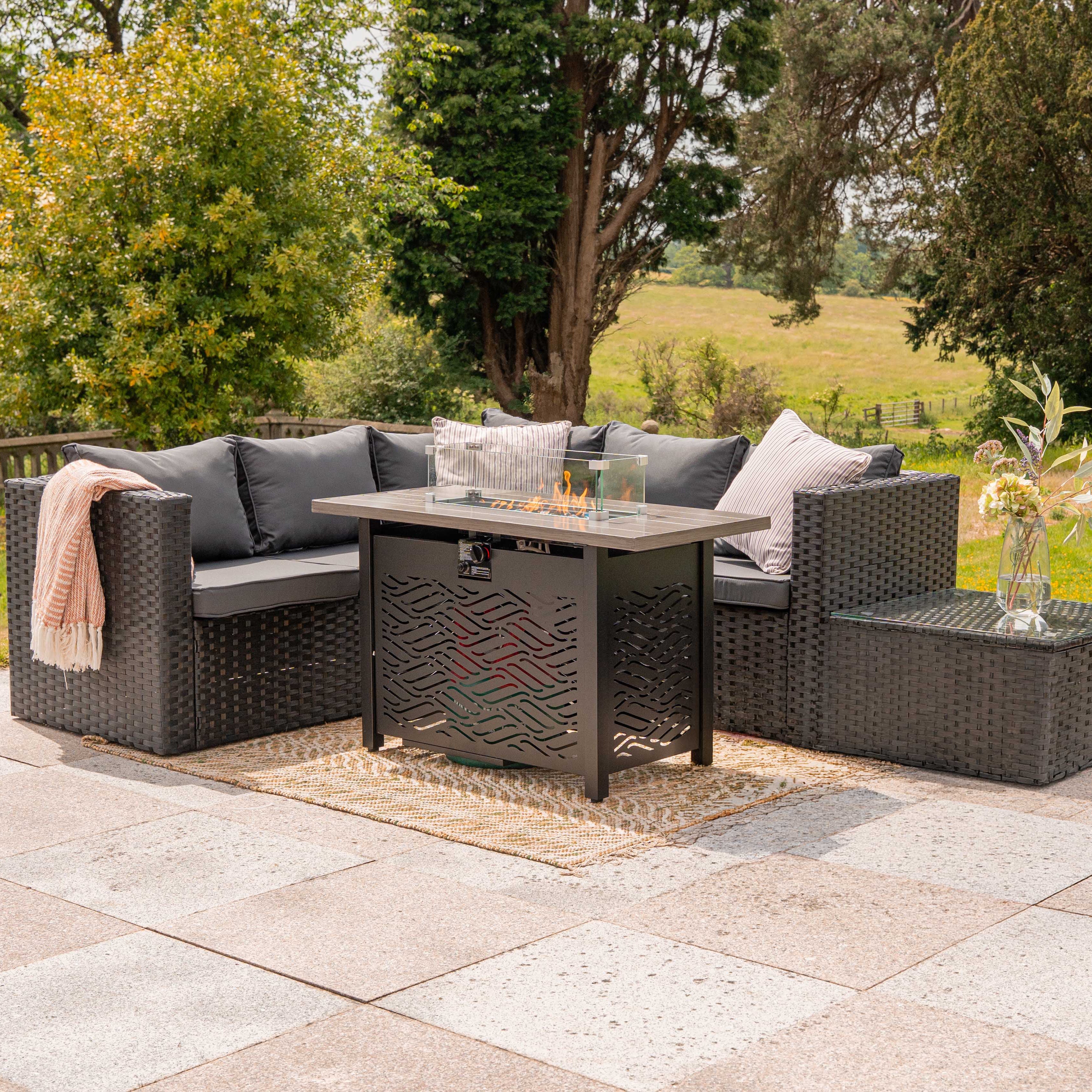 Vancouver Black 5‑Seater Outdoor Sofa Set with Fire Pit Table and Rain cover