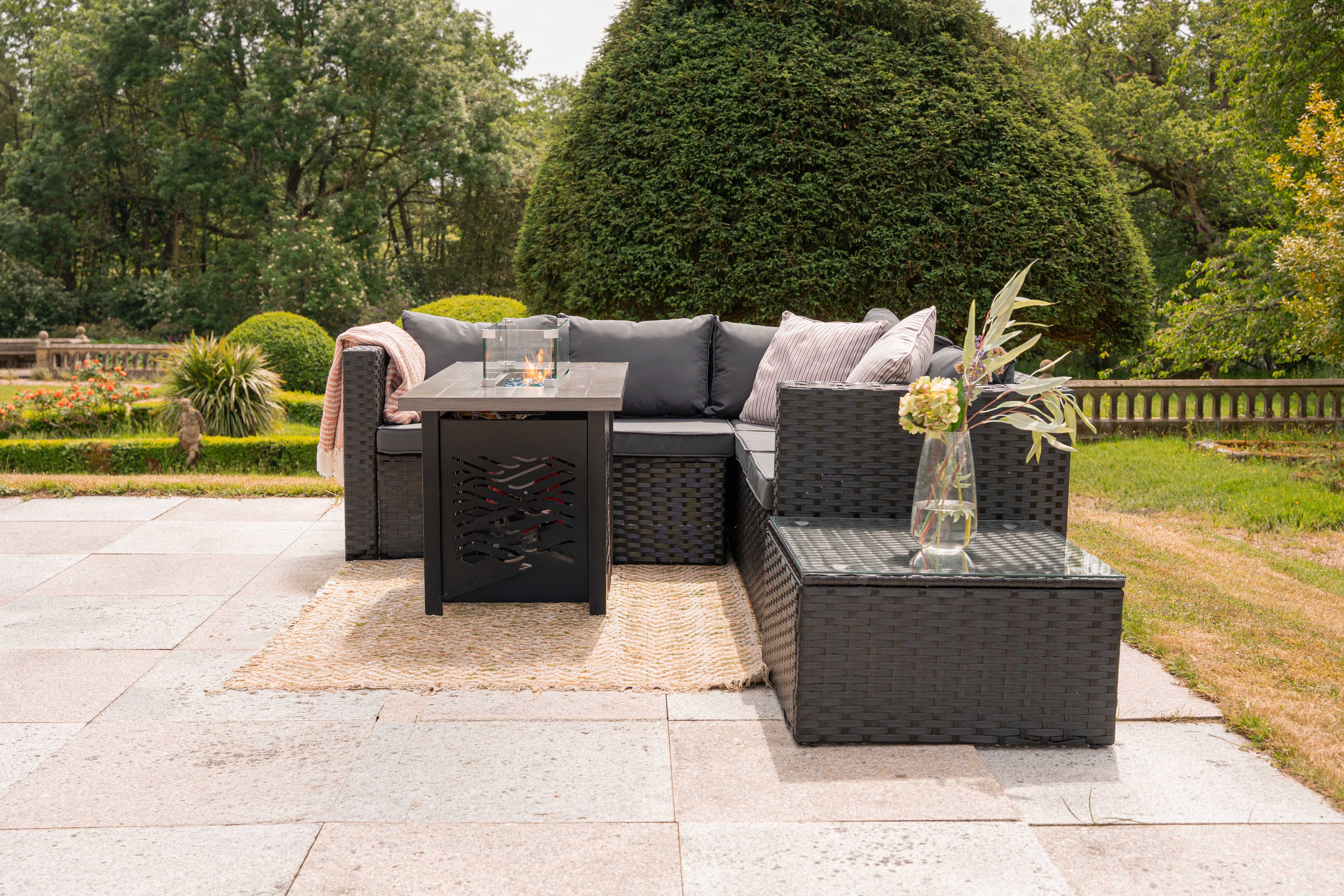 Vancouver Black 5‑Seater Outdoor Sofa Set with Fire Pit Table and Rain cover