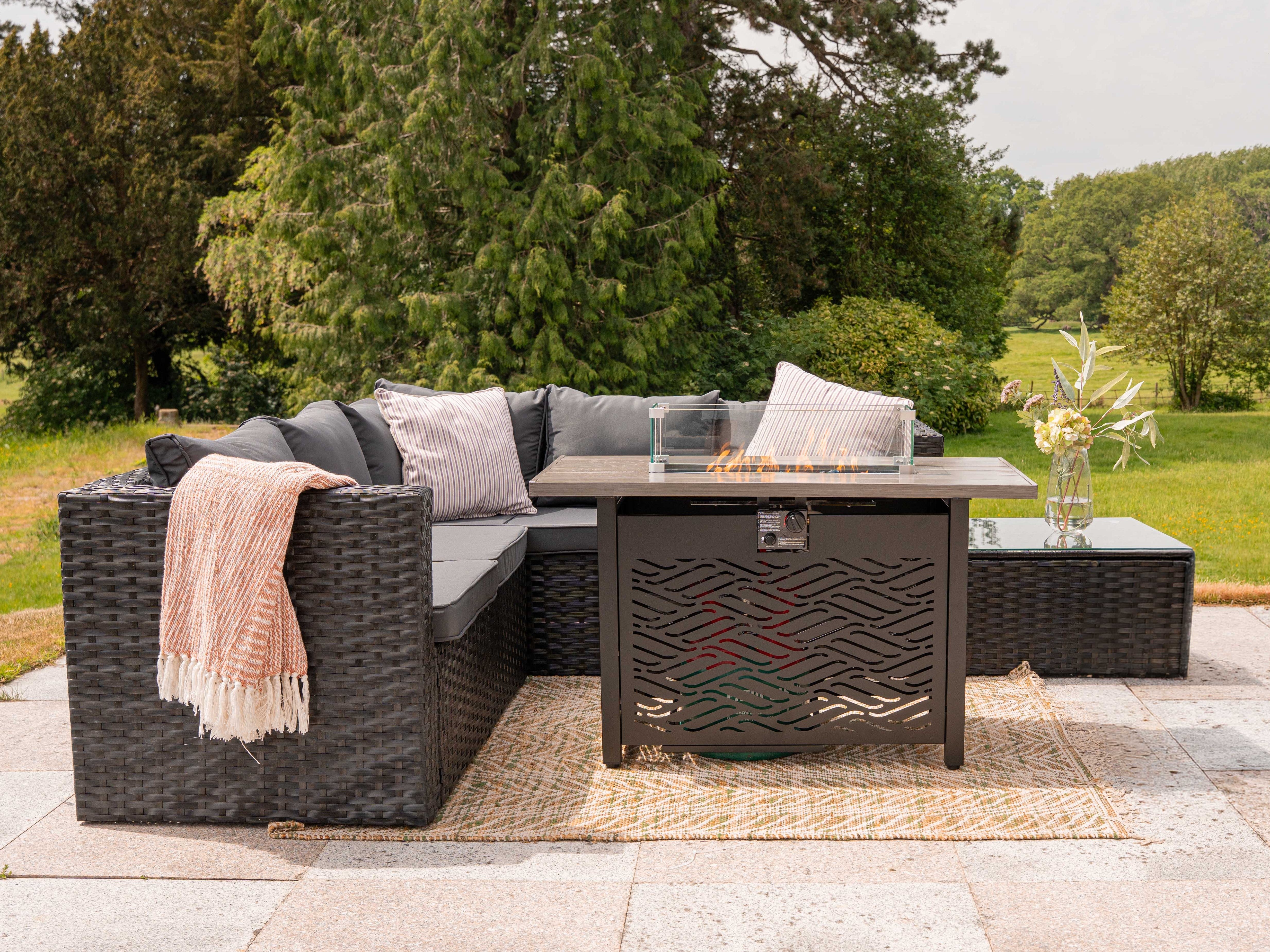 Vancouver Black 5‑Seater Outdoor Sofa Set with Fire Pit Table and Rain cover